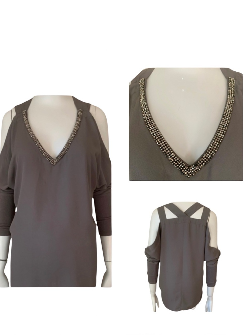 JUICY COUTURE Embellished Silky Cold Shoulder V-Neck Blouse Gray
